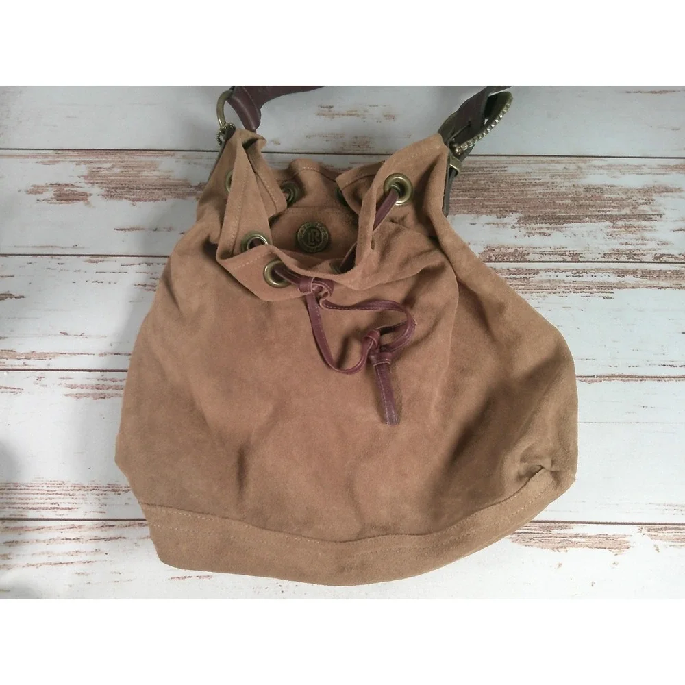 Leatherock Suede Slouchy Bucket Bag Brown Shoulder Handbag Drawstring Used